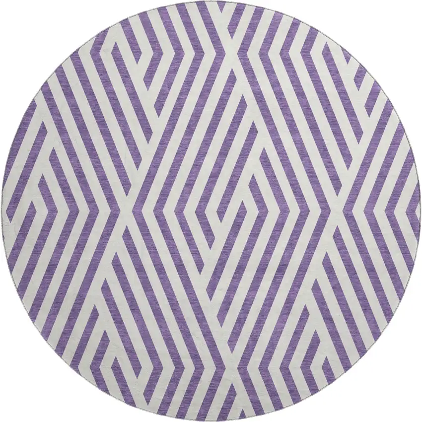 8' Purple And Ivory Geometric Washable Round Rug With UV Protection Photo 1