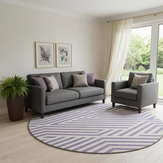 8' Purple And Ivory Geometric Washable Round Rug With UV Protection Photo 1