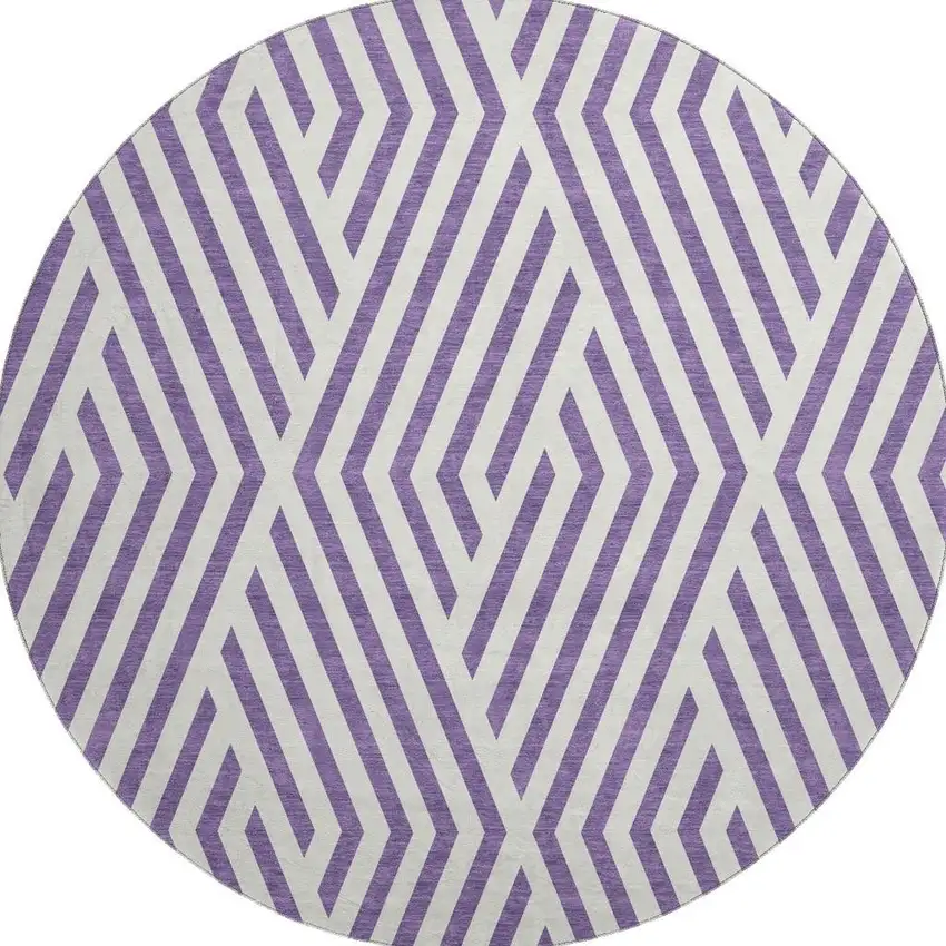 8' Purple And Ivory Geometric Washable Round Rug With UV Protection Photo 3