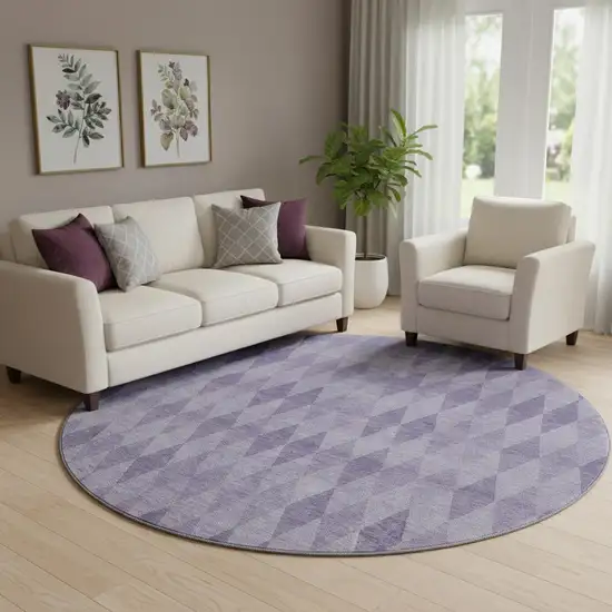 8' Purple And Ivory Geometric Washable Round Rug With UV Protection Photo 1