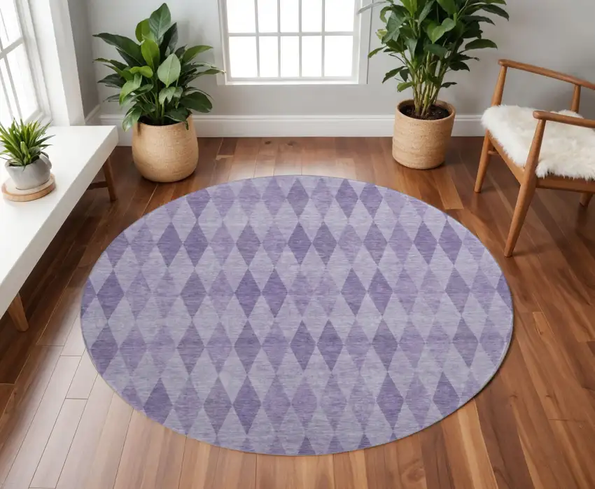 8' Purple And Ivory Geometric Washable Round Rug With UV Protection Photo 2