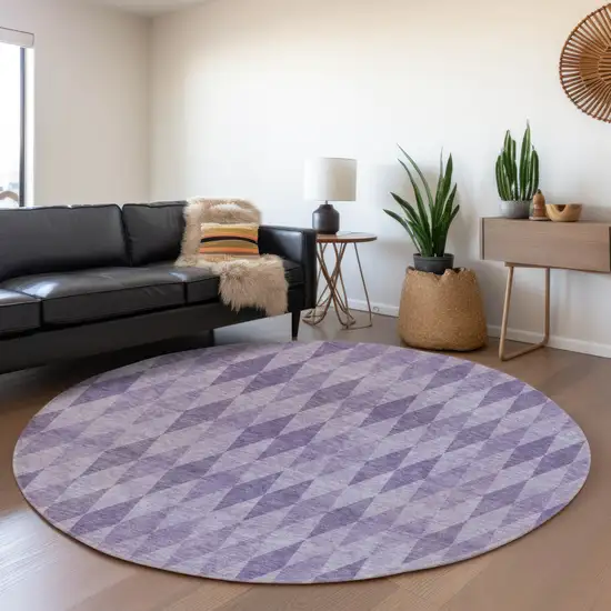 8' Purple And Ivory Geometric Washable Round Rug With UV Protection Photo 5