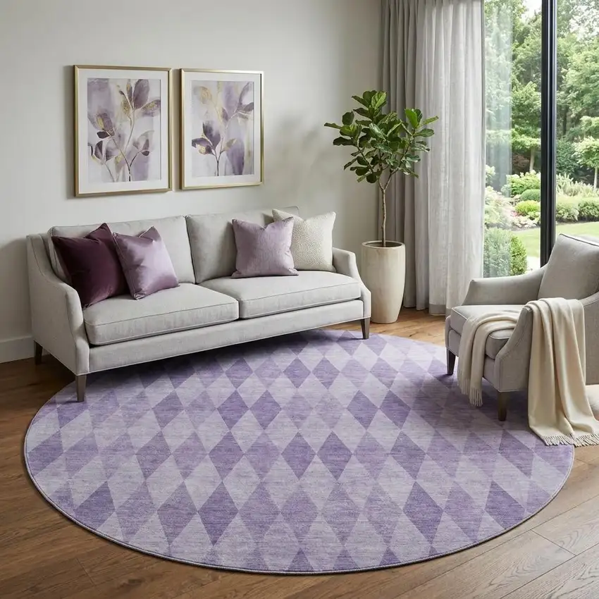 8' Purple And Ivory Geometric Washable Round Rug With UV Protection Photo 1