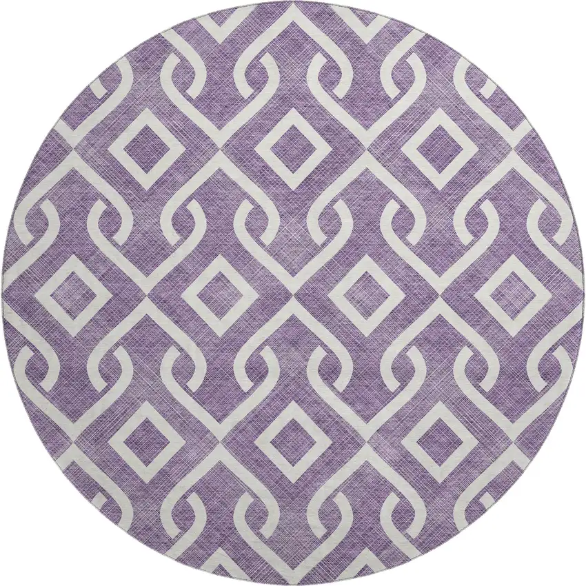 8' Purple And Ivory Geometric Washable Round Rug With UV Protection Photo 1