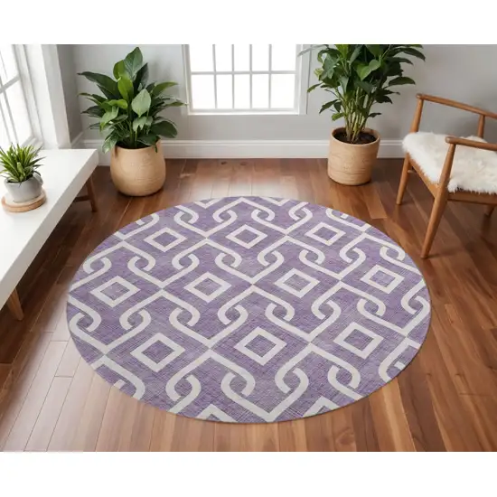 8' Purple And Ivory Geometric Washable Round Rug With UV Protection Photo 2