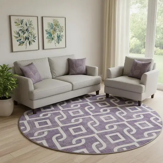 8' Purple And Ivory Geometric Washable Round Rug With UV Protection Photo 1
