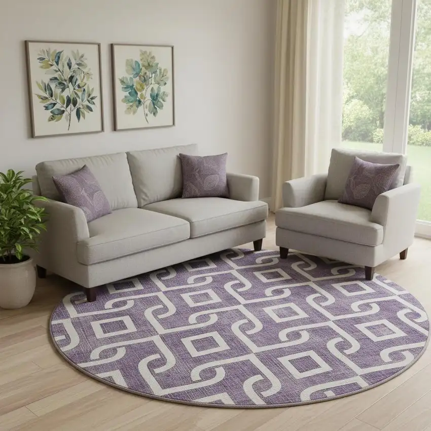 8' Purple And Ivory Geometric Washable Round Rug With UV Protection Photo 1