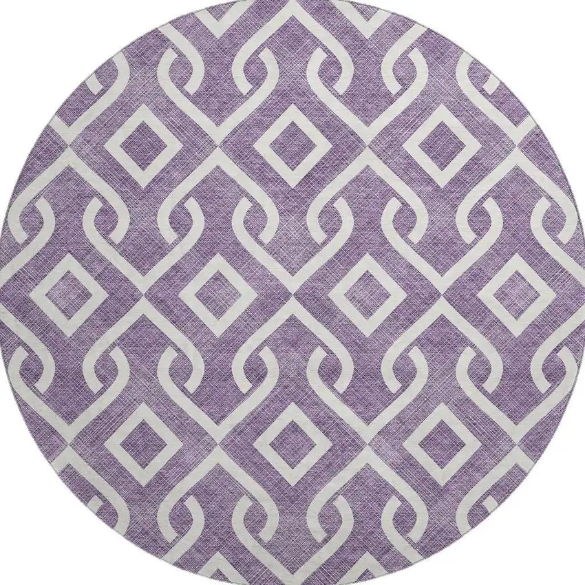 8' Purple And Ivory Geometric Washable Round Rug With UV Protection Photo 4