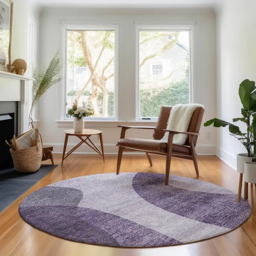8' Purple And Ivory Geometric Washable Round Rug With UV Protection Photo 4