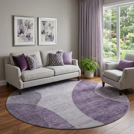 8' Purple And Ivory Geometric Washable Round Rug With UV Protection Photo 1