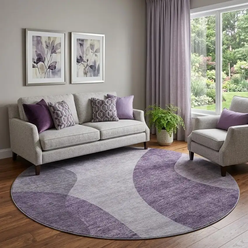8' Purple And Ivory Geometric Washable Round Rug With UV Protection Photo 1