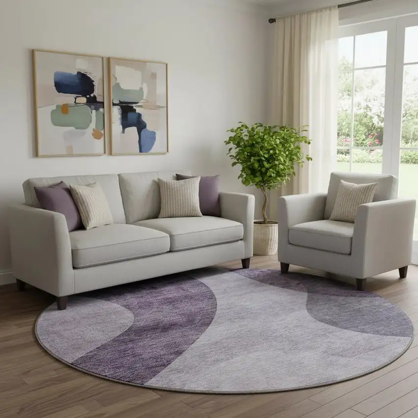 8' Purple And Ivory Geometric Washable Round Rug With UV Protection Photo 1