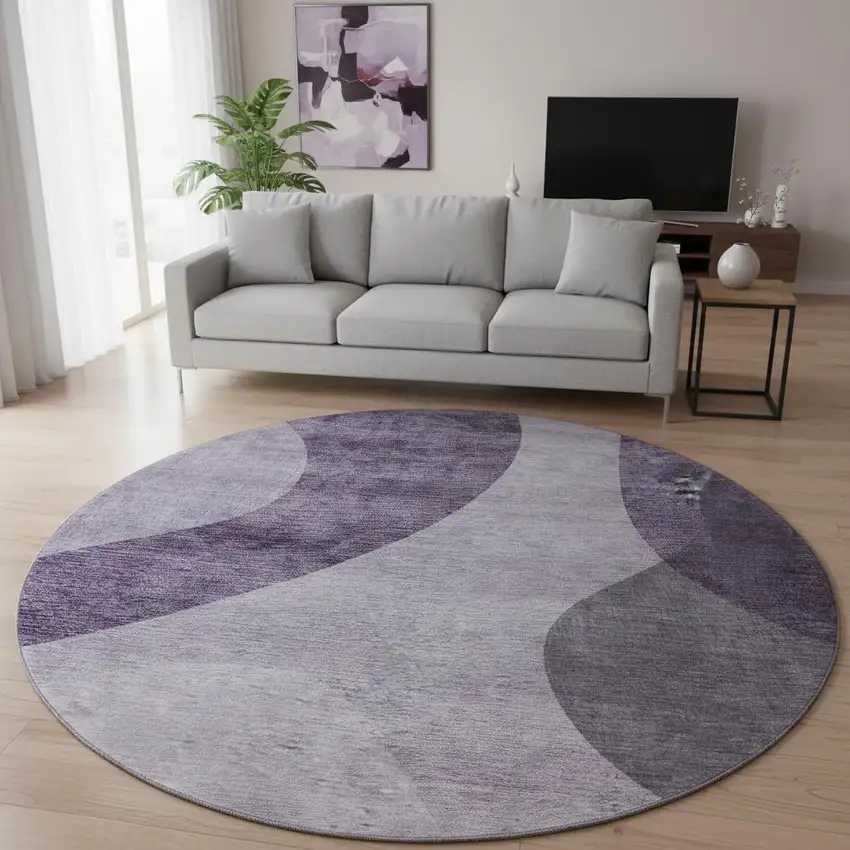8' Purple And Ivory Geometric Washable Round Rug With UV Protection Photo 2