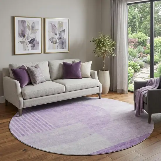 8' Purple And Ivory Geometric Washable Round Rug With UV Protection Photo 1