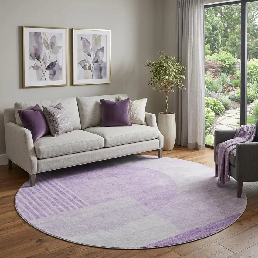8' Purple And Ivory Geometric Washable Round Rug With UV Protection Photo 1