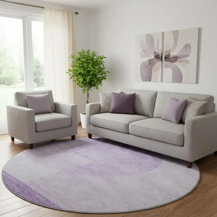 8' Purple And Ivory Geometric Washable Round Rug With UV Protection Photo 1