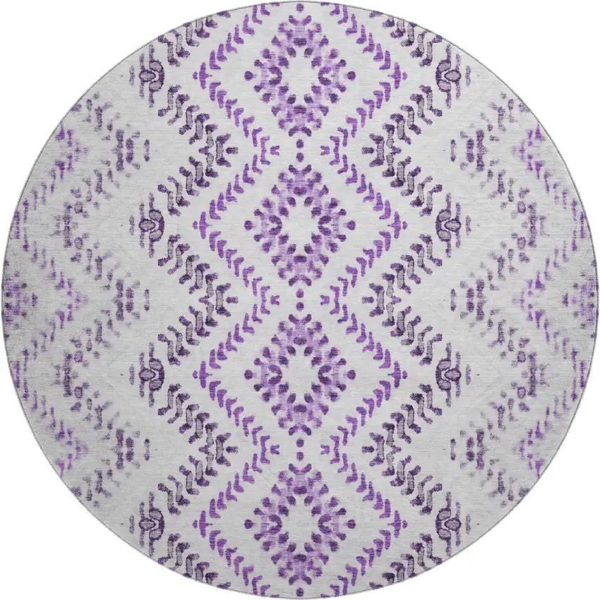 8' Purple And Ivory Geometric Washable Round Rug With UV Protection Photo 1
