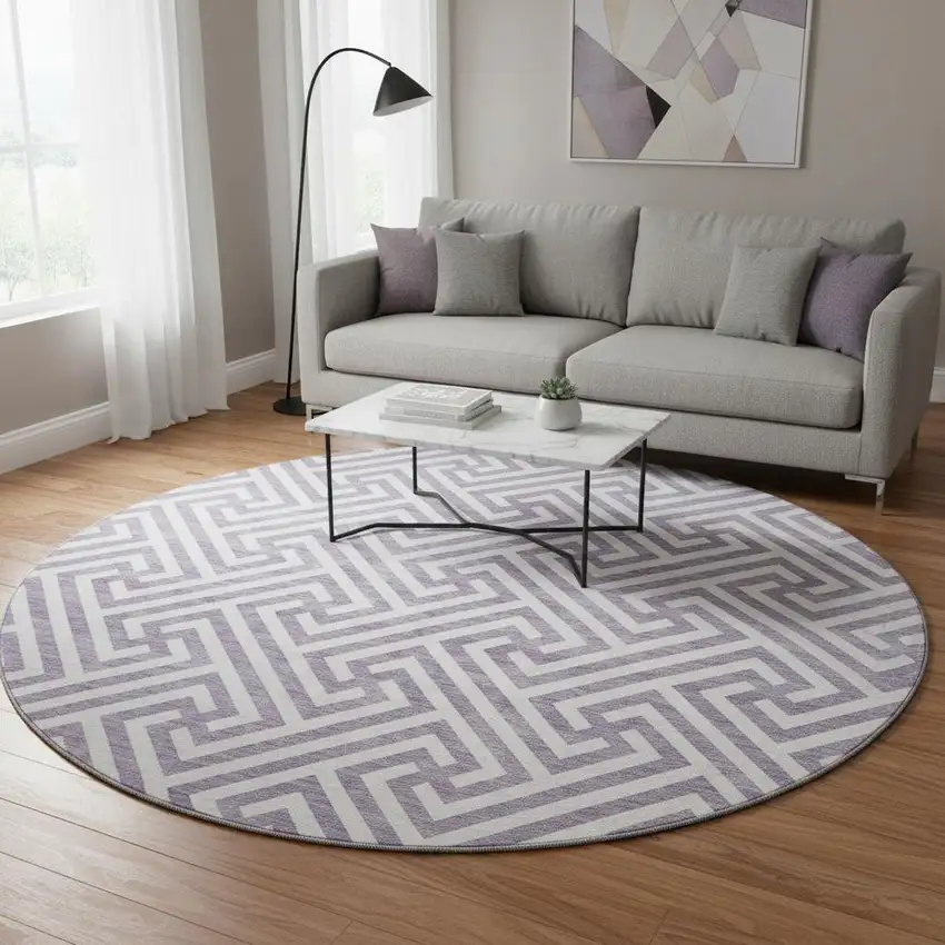8' Purple And Ivory Geometric Washable Round Rug With UV Protection Photo 2
