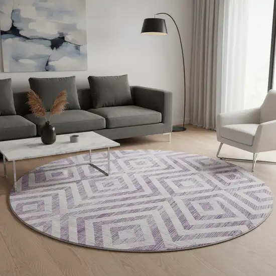 8' Purple And Ivory Geometric Washable Round Rug With UV Protection Photo 2