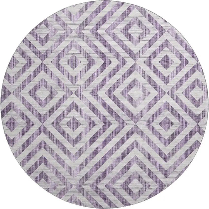 8' Purple And Ivory Geometric Washable Round Rug With UV Protection Photo 1