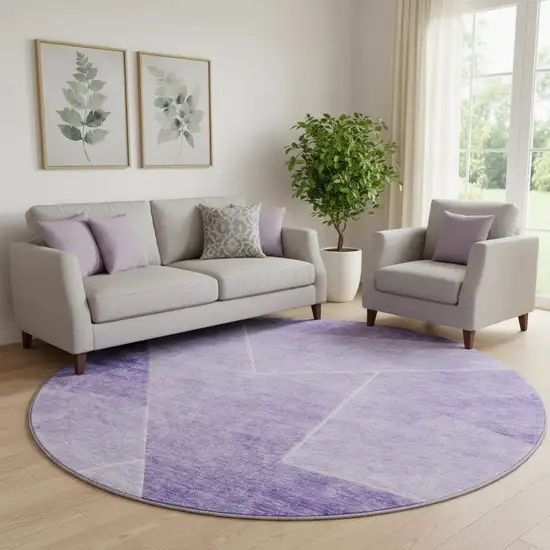 8' Purple And Ivory Geometric Washable Round Rug With UV Protection Photo 1