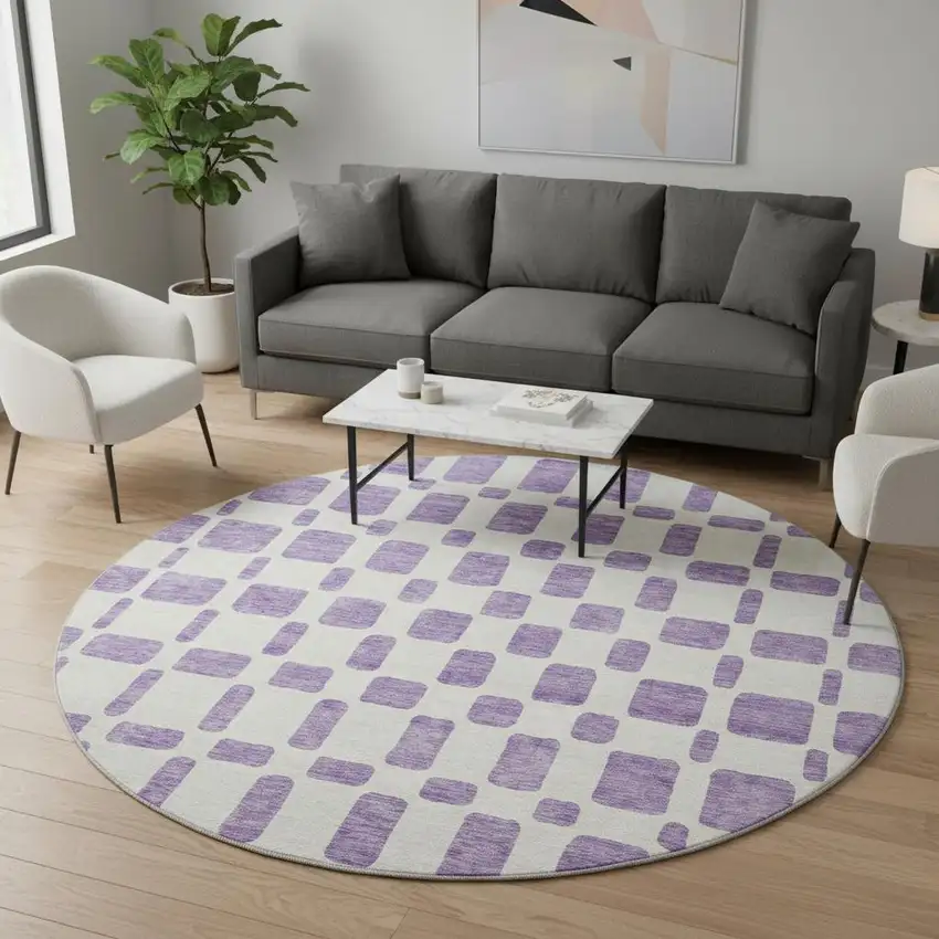 8' Purple And Ivory Geometric Washable Round Rug With UV Protection Photo 2