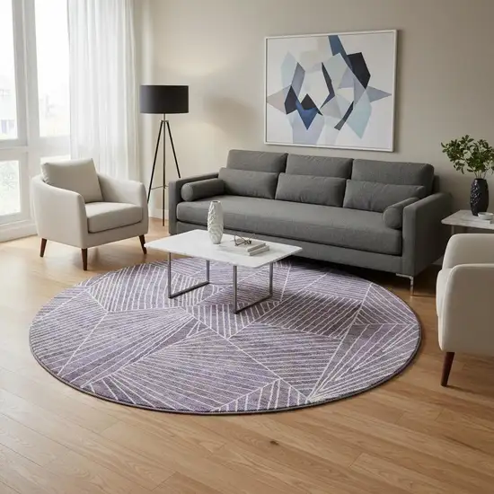 8' Purple And Ivory Geometric Washable Round Rug With UV Protection Photo 2