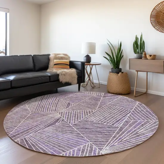 8' Purple And Ivory Geometric Washable Round Rug With UV Protection Photo 5