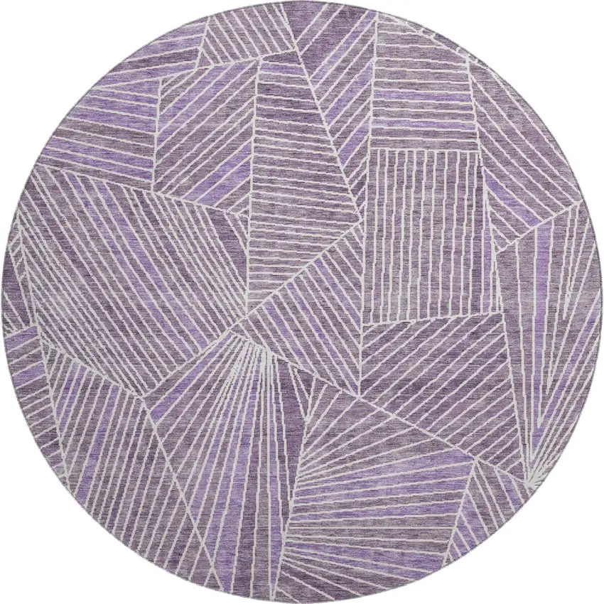 8' Purple And Ivory Geometric Washable Round Rug With UV Protection Photo 1