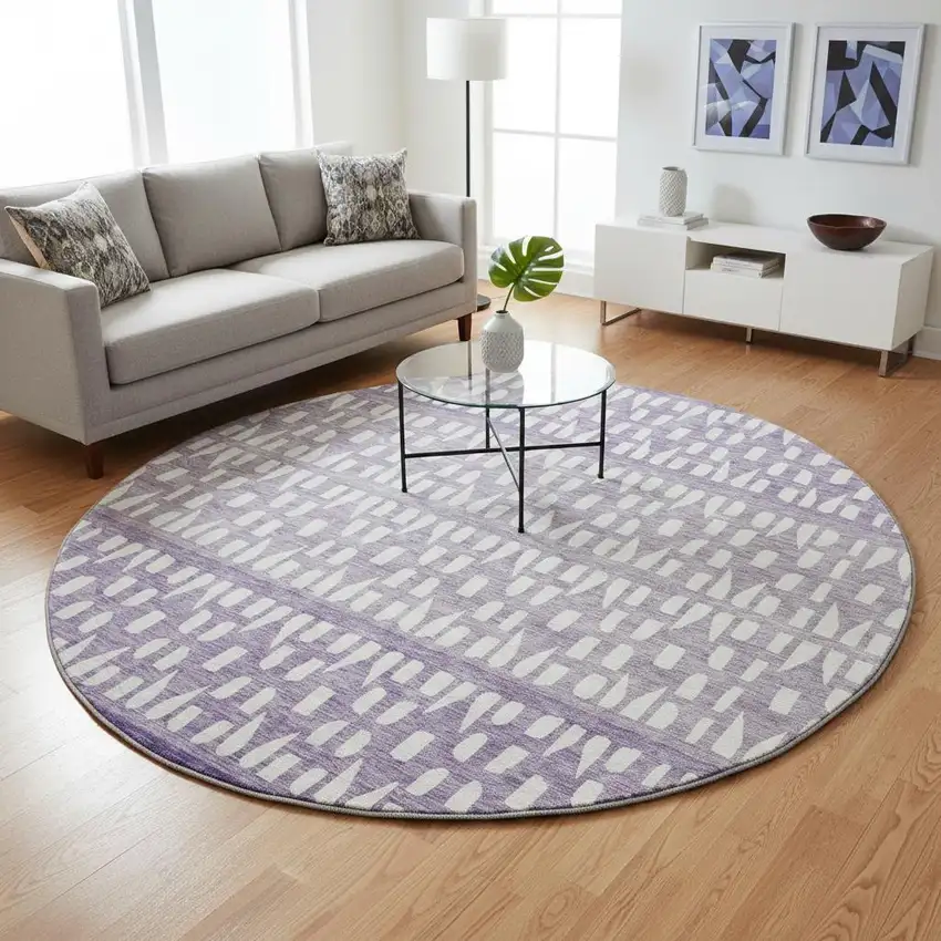 8' Purple And Ivory Geometric Washable Round Rug With UV Protection Photo 2