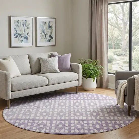 8' Purple And Ivory Geometric Washable Round Rug With UV Protection Photo 1