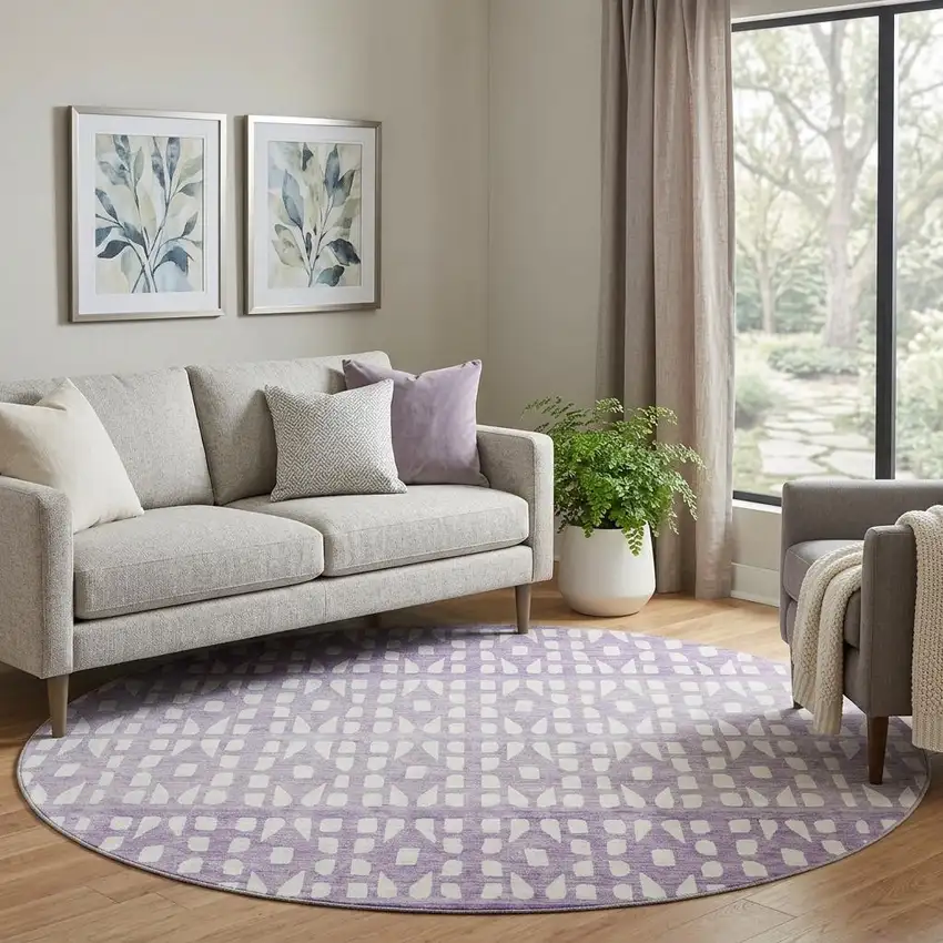 8' Purple And Ivory Geometric Washable Round Rug With UV Protection Photo 1