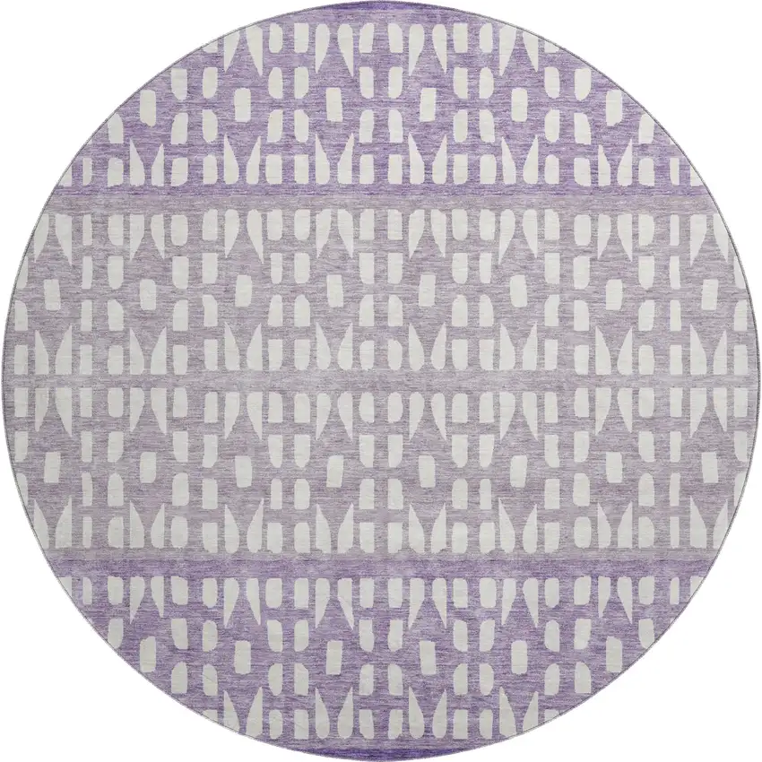 8' Purple And Ivory Geometric Washable Round Rug With UV Protection Photo 1