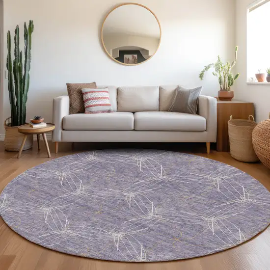 8' Purple And Ivory Geometric Washable Round Rug With UV Protection Photo 4