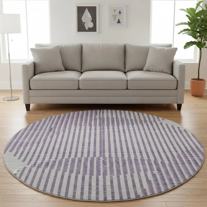 8' Purple And Ivory Geometric Washable Round Rug With UV Protection Photo 2