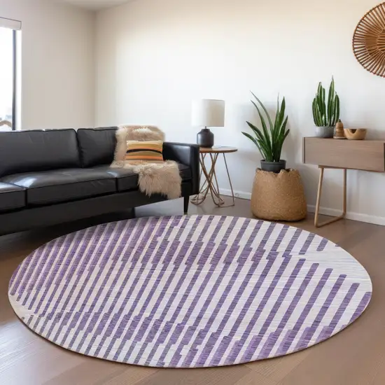 8' Purple And Ivory Geometric Washable Round Rug With UV Protection Photo 4