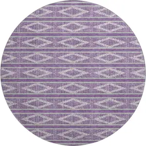 Photo of 8' Purple And Ivory Geometric Washable Round Rug With UV Protection