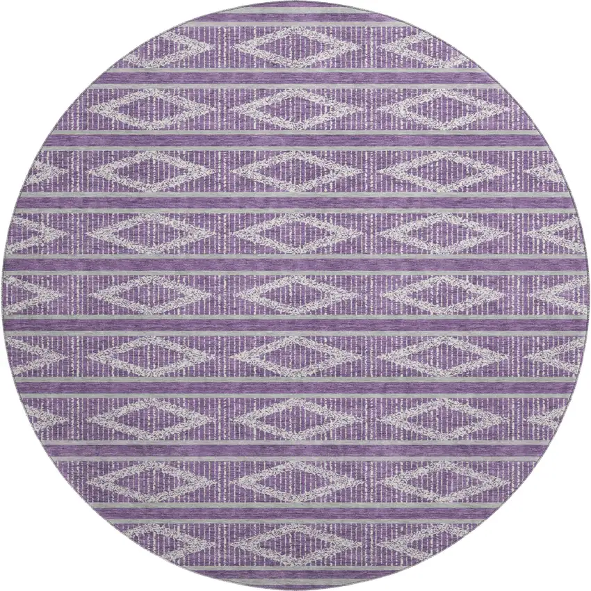 8' Purple And Ivory Geometric Washable Round Rug With UV Protection Photo 1