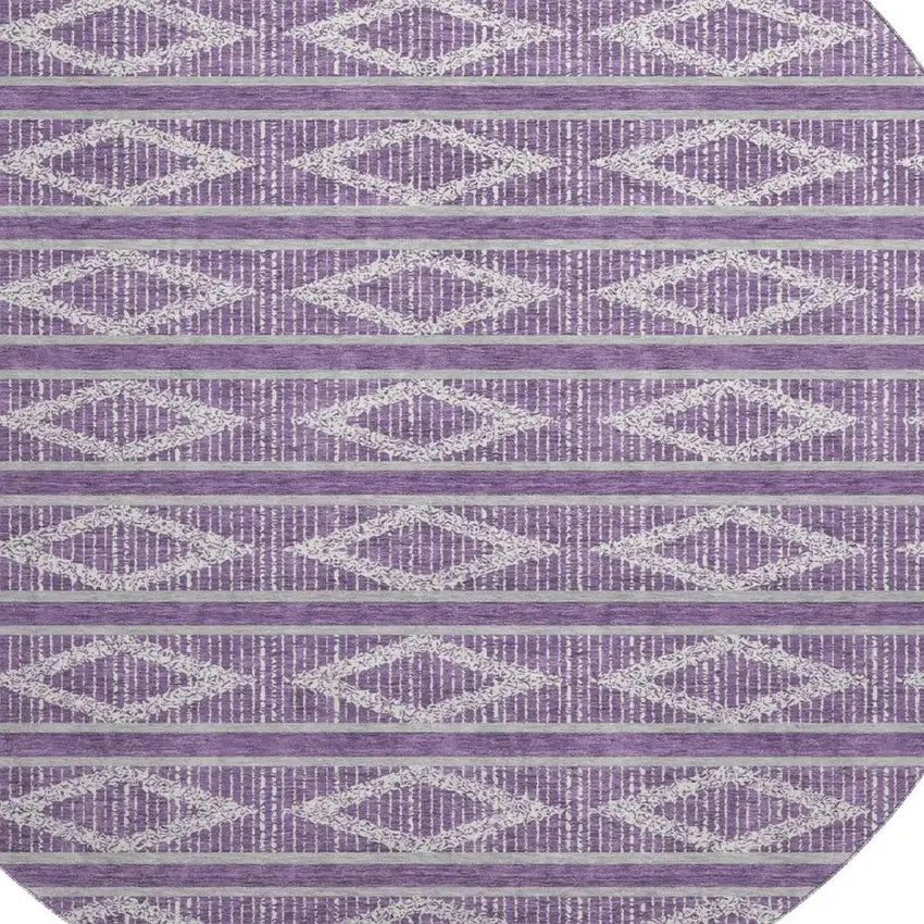 8' Purple And Ivory Geometric Washable Round Rug With UV Protection Photo 2