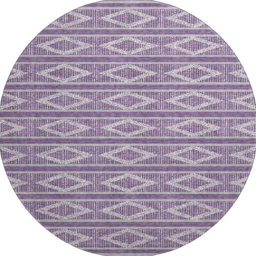 8' Purple And Ivory Geometric Washable Round Rug With UV Protection Photo 3
