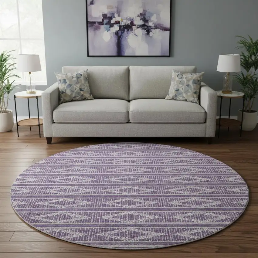 8' Purple And Ivory Geometric Washable Round Rug With UV Protection Photo 2