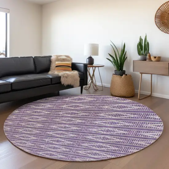 8' Purple And Ivory Geometric Washable Round Rug With UV Protection Photo 4