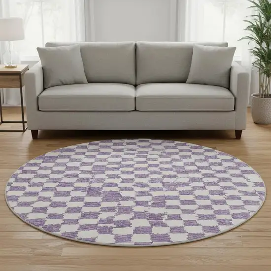 8' Purple And Ivory Geometric Washable Round Rug With UV Protection Photo 2