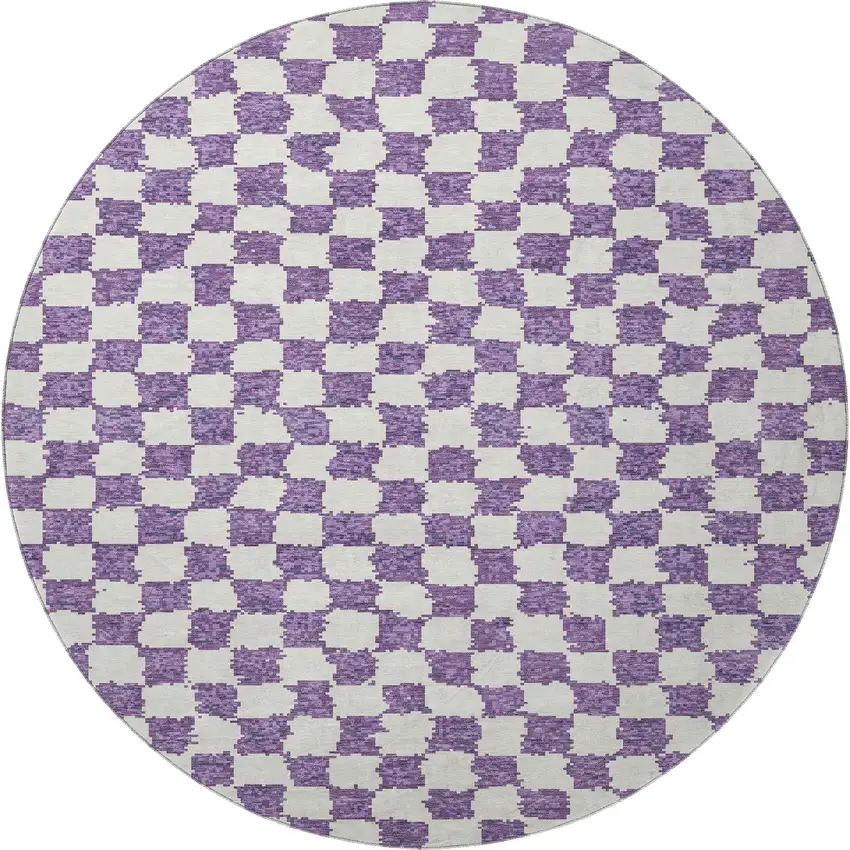 8' Purple And Ivory Geometric Washable Round Rug With UV Protection Photo 4