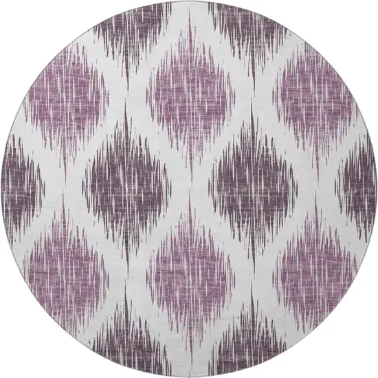 8' Purple And Ivory Ikat Washable Round Rug With UV Protection Photo 4