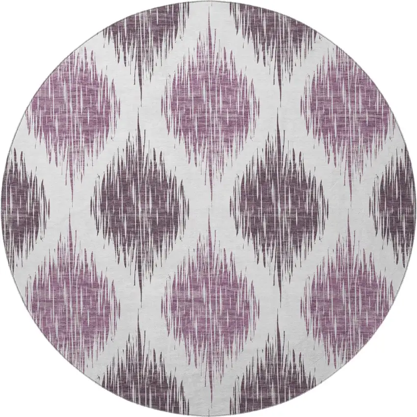 8' Purple And Ivory Ikat Washable Round Rug With UV Protection Photo 4