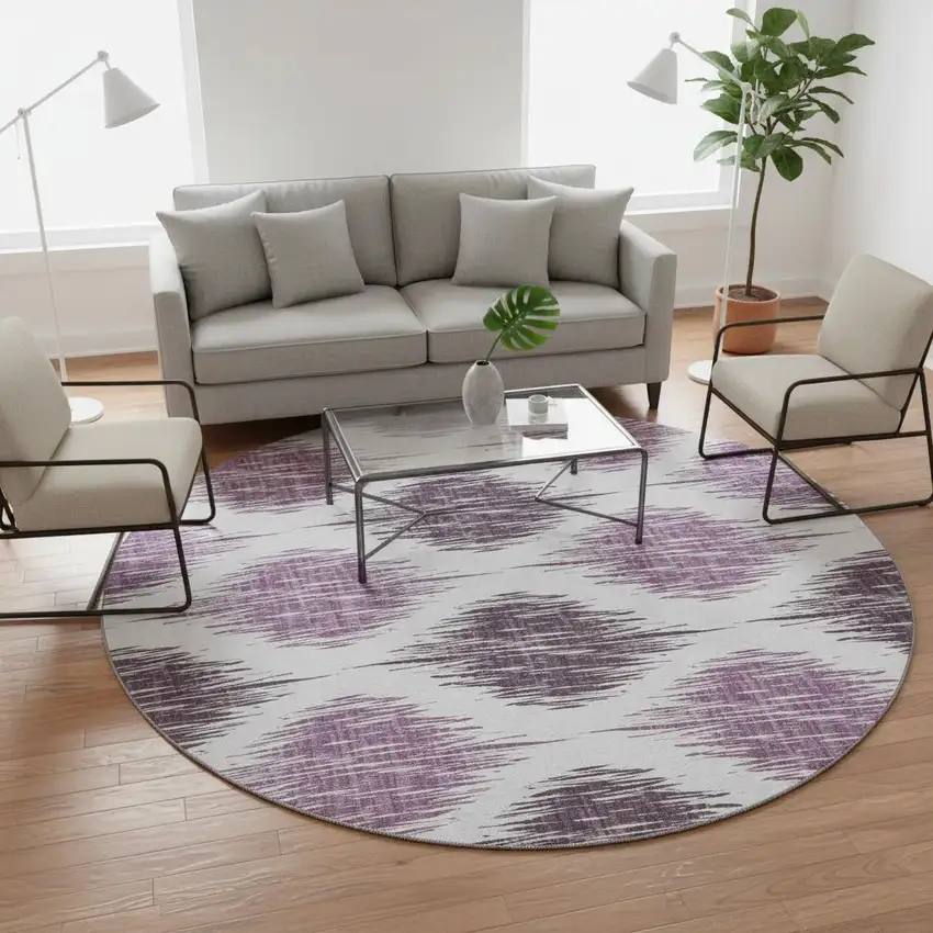 8' Purple And Ivory Ikat Washable Round Rug With UV Protection Photo 2