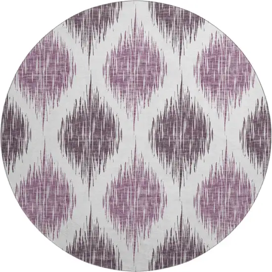 8' Purple And Ivory Ikat Washable Round Rug With UV Protection Photo 1