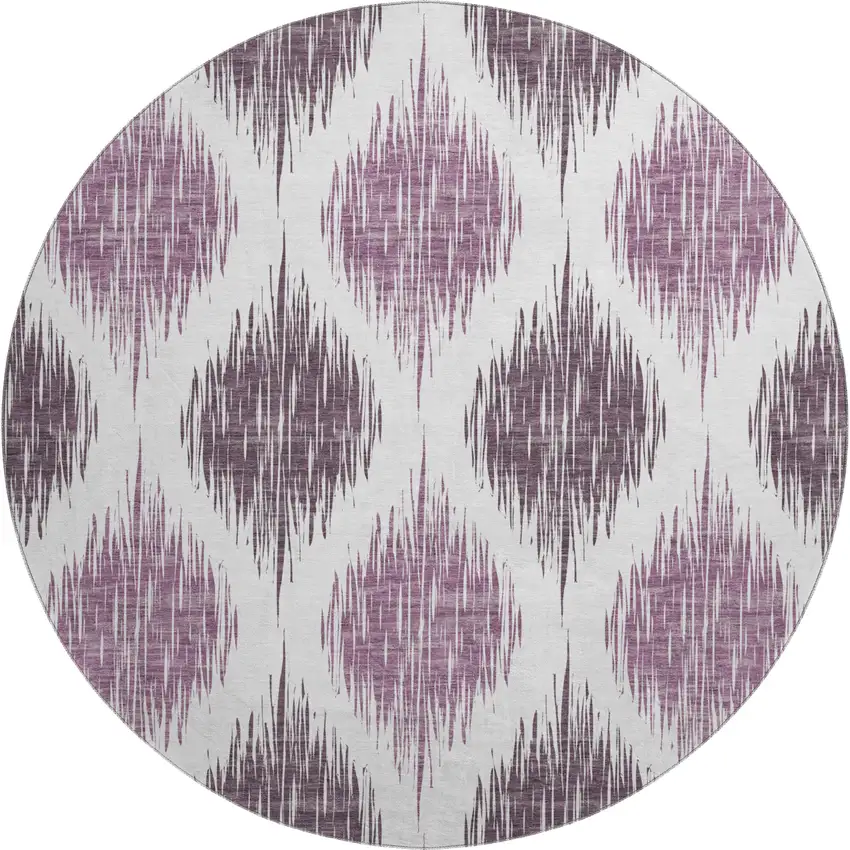 8' Purple And Ivory Ikat Washable Round Rug With UV Protection Photo 1