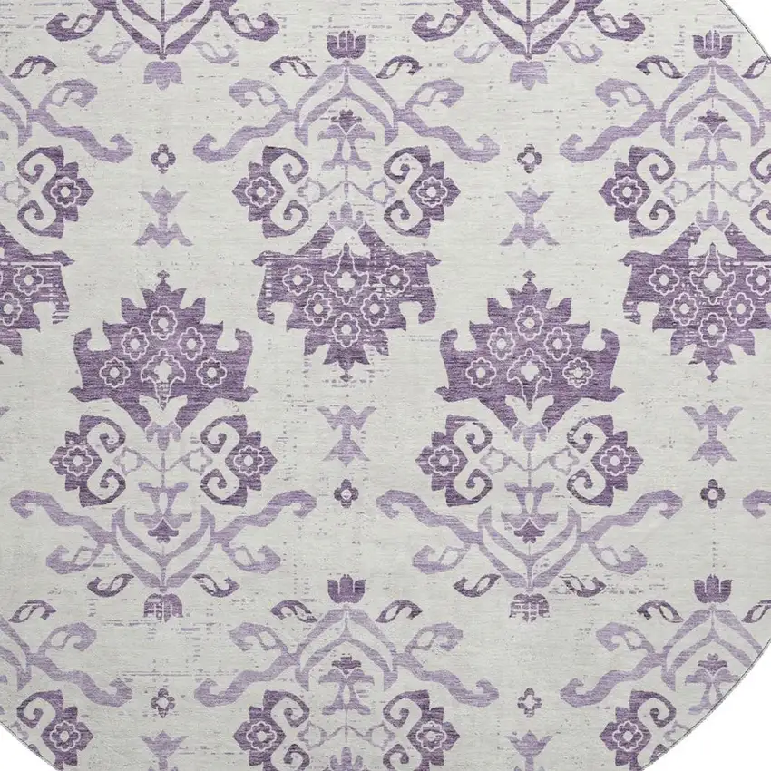 8' Purple And Ivory Medallion Washable Round Rug With UV Protection Photo 3